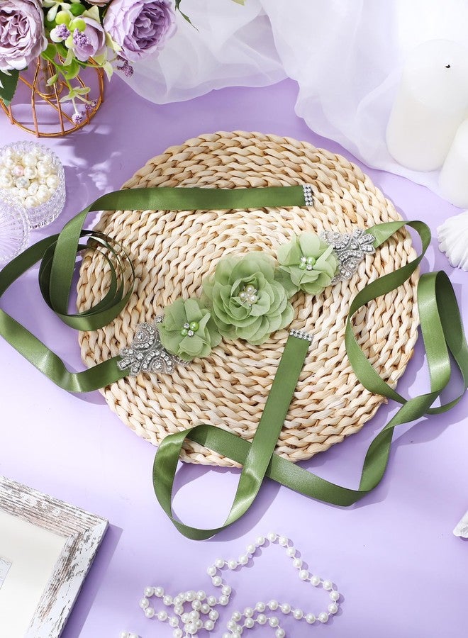 Glitopper Wedding Bridal Belt Sash with Flower Rhinestone Pearl for Bride Bridesmaid Maternity Flower Dress(Olive Green) - Image 5